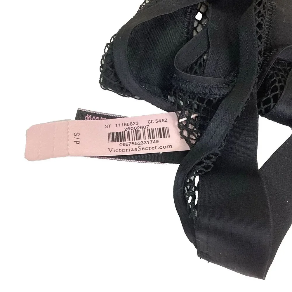 Victorias Secret Very Sexy Thong String Small/Petite Black Fishnet Gold Hardware